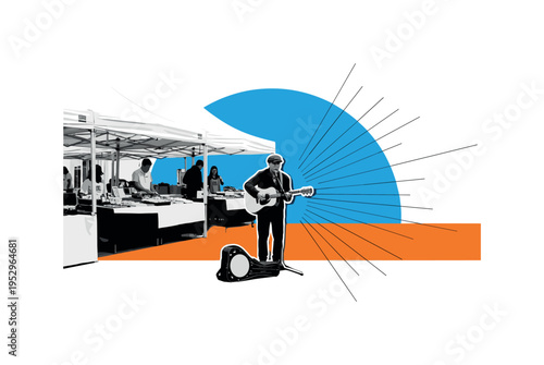 Black and white street musician performing near market stalls, bright blue semicircle behind performer symbolizing lively atmosphere, orange horizontal bar