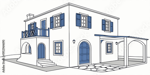 White house with blue shutters and arched doorways two-story