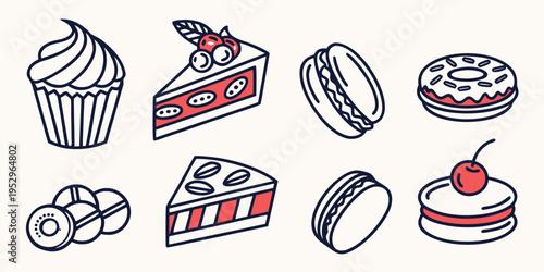 Colorful line of sweet treats and desserts sweets baked goods cupcakes donuts