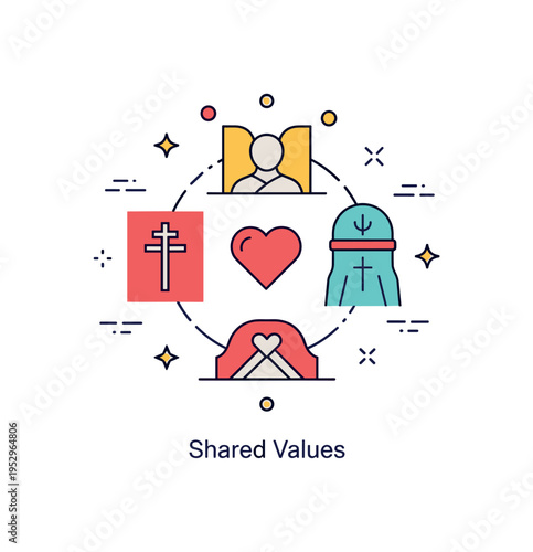 Respect for diversity interfaith dialogue concept illustrated by simple symbolic shapes arranged harmoniously around a central heart icon, conveying peaceful