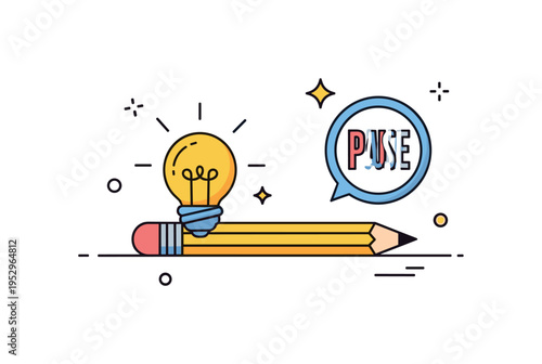 Creative pause for inspiration illustrated by a pencil resting beside a small light bulb and a pause symbol, expressing a thoughtful stop before the next idea.