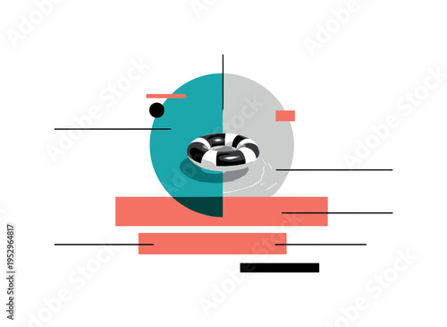 black and white inflatable pool float ring centered, surrounded by orange circular frame and teal rectangular bars, minimal line accents suggesting water