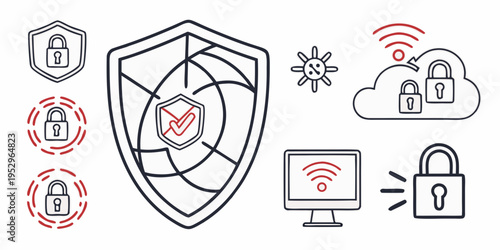 Cybersecurity Protection shield locks computer