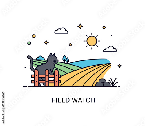 Barn cat observing outdoors scene with a small cat silhouette peering over a fence toward rolling fields and a subtle sun icon, symbolizing curiosity and