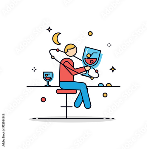 Night out disorientation figure seated on a bar stool with tilted horizon line and slightly overlapping glass shapes, conveying spinning sensation and reduced