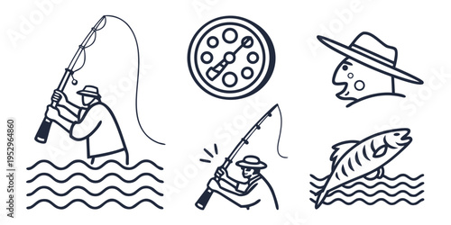 Fishing with people and fish hats rods