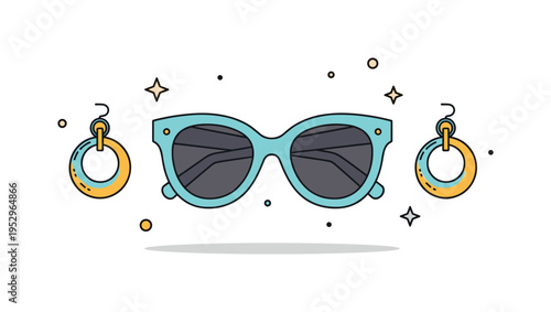 Retro sunglasses and statement accessories theme centered on oversized shades paired with hoop earrings silhouette, symbolizing confidence, glamour, and
