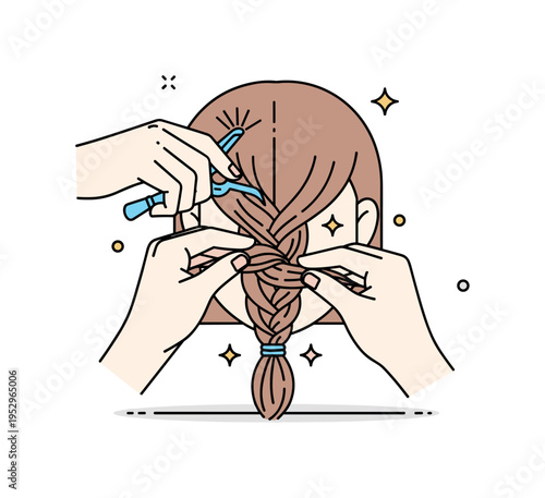 Braiding hair centered on a close-up of hands gently weaving three smooth strands into a neat plait with small spark accents suggesting care and precision. The