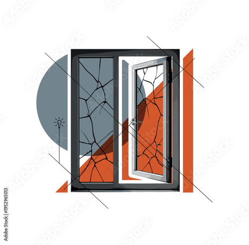 Monochrome cracked and dusty window frame slightly open, white outline creating sticker effect, large abstract grey-blue circle partially behind the pane,