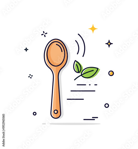 Wooden spoon home cooking theme featuring a rounded spoon paired with a small herb leaf and gentle motion lines suggesting stirring. The scene communicates