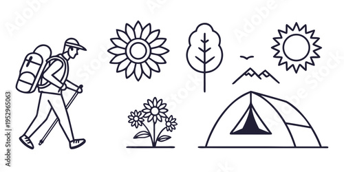 Line of outdoor and camping on white background hiking tent flowers