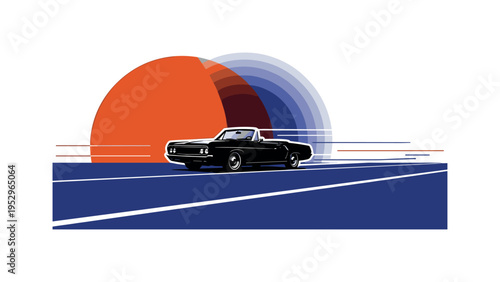Black and white vintage convertible car driving along open highway, bold burnt orange geometric circle behind the car symbolizing sunset, deep cobalt blue