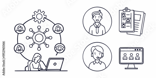 Line of people working with customer support and teamwork line people business communication