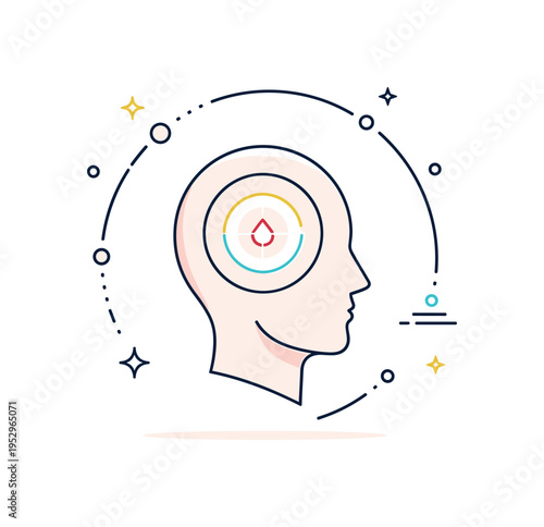 Core mindset focus represented by a minimal head silhouette with a highlighted central point, expressing concentration, clarity, and inner alignment. Subtle