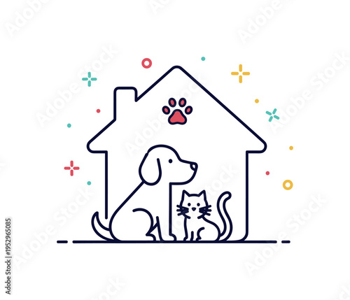 Sanctuary for pets depicted by a simple dog and cat silhouette inside a protective house outline with a tiny paw icon accent. The scene communicates care,