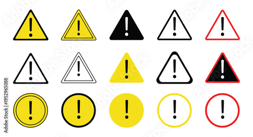 Danger warning sign set with exclamation mark triangle and circle  symbol collection. Caution, warning icon, exclamation marks, attention, error. Vector illustration. 