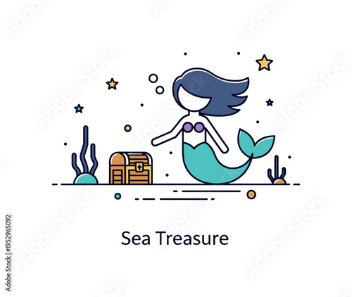 Mermaids underwater treasure hunt illustration featuring a simplified mermaid silhouette near a small chest icon resting on the seabed, symbolizing adventure