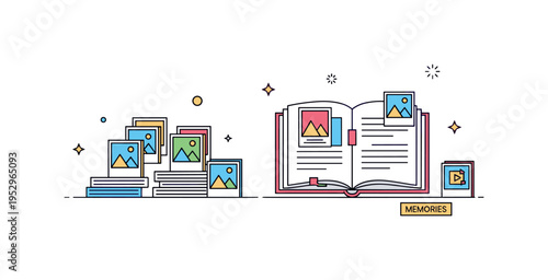 Sorting printed photos on a tidy desk illustrated with small stacks of pictures arranged by theme beside an open album, symbolizing order and storytelling.