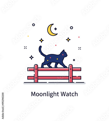 Barn cat nighttime barn patrol idea featuring a small silhouette of a cat walking along a fence with subtle crescent moon and star accents, symbolizing