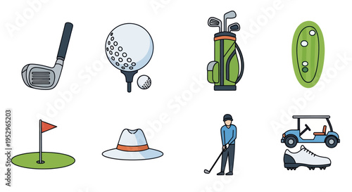 A colorful collection of hand-drawn golf sport icons and equipment illustrations.