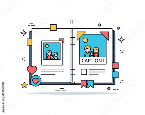 Family photo album arrangement depicted with a scrapbook style page featuring photo corners, decorative stickers and a small caption strip,