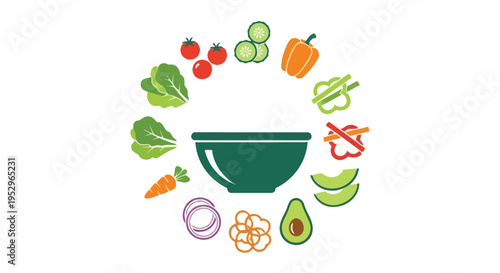 A vibrant illustration of a green bowl surrounded by various colorful vegetables and fruits, symbolizing healthy eating and nutrition.