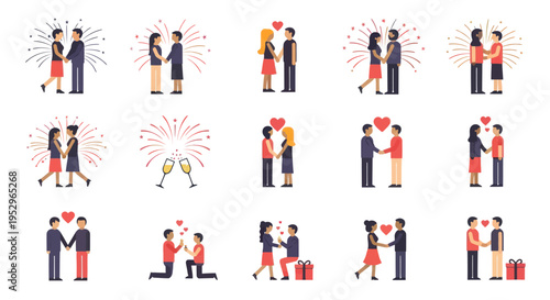 Diverse Couple Illustrations Celebrating Love and Relationships with Festive Elements.