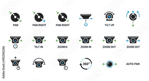 Collection of Security Camera Icons Illustrating Various Functions.