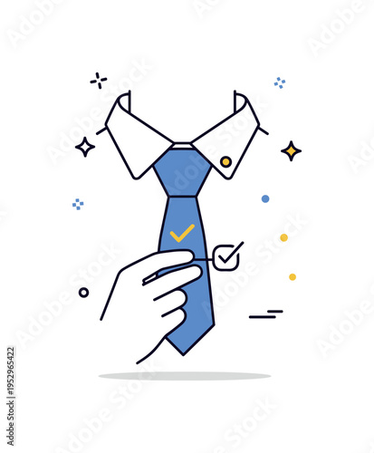 Minimalist tie adjustment scene built around a close up collar and perfectly aligned knot with subtle check mark accent, expressing order, confidence, and