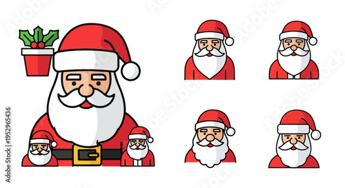 Santa Claus Icon Set: Festive Cartoon Characters with Red Hats and White Beards.