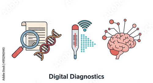 Digital Diagnostics Icons: DNA Thermometer and Brain Network.