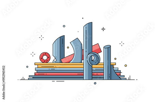 Abstract metal scrap installation centered on layered plates and curved steel shapes forming a balanced composition, conveying modern art aesthetics and