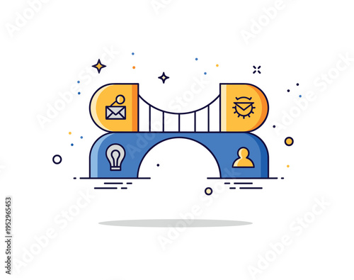 Conceptual illustration narrative theme represented by a central metaphor icon such as a bridge connecting two abstract shapes. The composition reflects