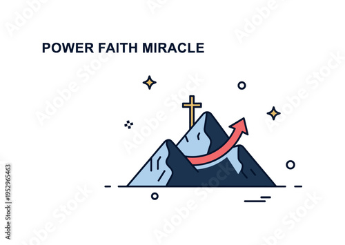 Power of faith miracle theme illustrated through a mountain silhouette with a small cross and subtle upward arrow accent, expressing trust, perseverance, and