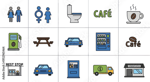 A colorful set of line art icons representing highway rest stop services and travel amenities.