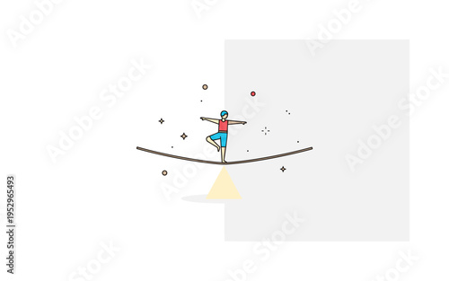 High wire performance acrobat mid step on a narrow rope with subtle spotlight beam highlighting the scene, symbolizing courage and stage mastery. Minimalist