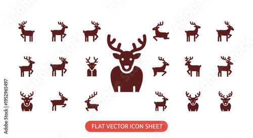 Collection of Flat Vector Icons Depicting Various Deer Silhouettes.