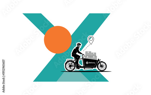 Black and white courier riding an electric cargo bike loaded with boxes, sticker-style white contour around rider and bike, bold teal diagonal block cutting