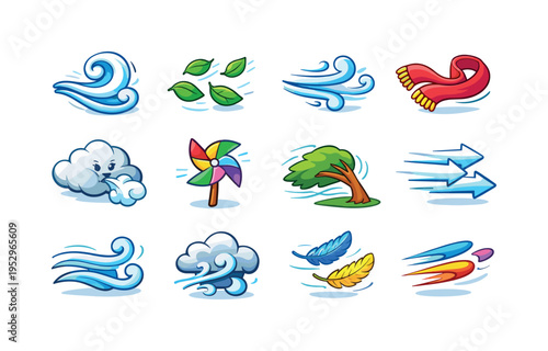 Wind. Colorful isometric vector icons set of Wind: wind swirl, blowing leaves, gust lines, flying scarf, wind cloud, spinning pinwheel, bending tree, wind