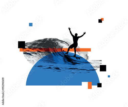 Black and white surfer riding a wave with arms extended in celebration, bright cobalt blue semicircle anchoring the lower section like stylized ocean, thin