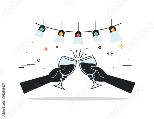Celebration toast moment illustrated through clinking glass silhouettes beneath soft stage lights, symbolizing friendship, festivity, and shared enjoyment in a