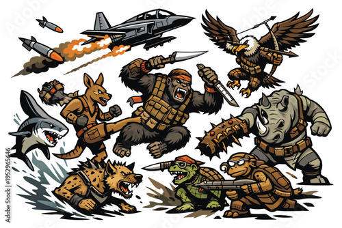 Military anthropomorphic animals in battle ready for action with weapons and war machines against white background