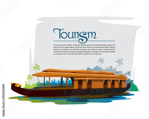 Beautiful House Boat and Nature Scenery Background Famous Backwaters Drawing.Kerala Nature Vector illustration.