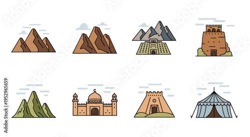 Collection of Illustrated Pakistani Landmarks and Natural Wonders.