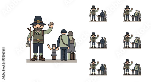 Pilgrim Man with Family: Thanksgiving Illustration.