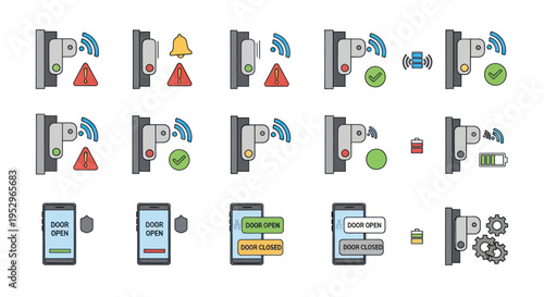 Smart Home Security System Icons Set with Doorbell and Automation Features.