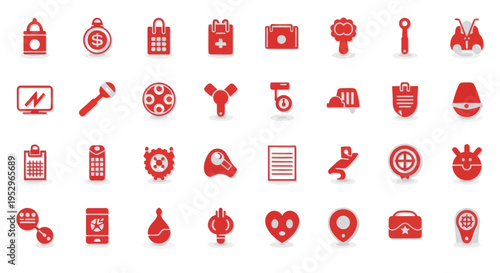 A diverse collection of red and white flat design vector icons for web and mobile applications.