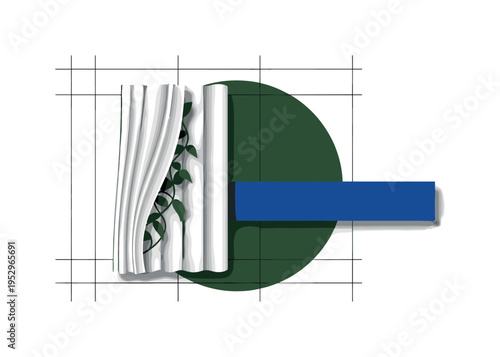 Black and white curtain and plant leaves both subtly moving, large deep forest green semicircle framing upper composition, cobalt blue horizontal stripe