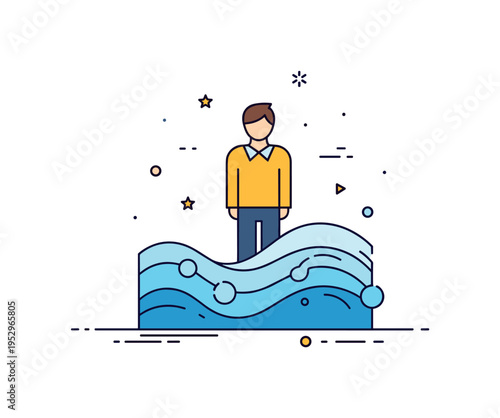 Calm over chaos central figure standing steadily atop layered wave shapes, expressing stability and composure in challenging circumstances. Minimalist flat