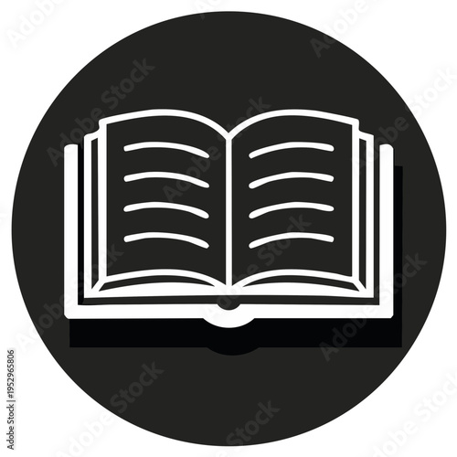 Open book icon with white pages and text lines on a black circular background with shadow